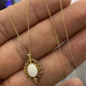 14K Yellow Gold Authentic Necklace Nice White Stone Opal Pearl 15" Cable Link